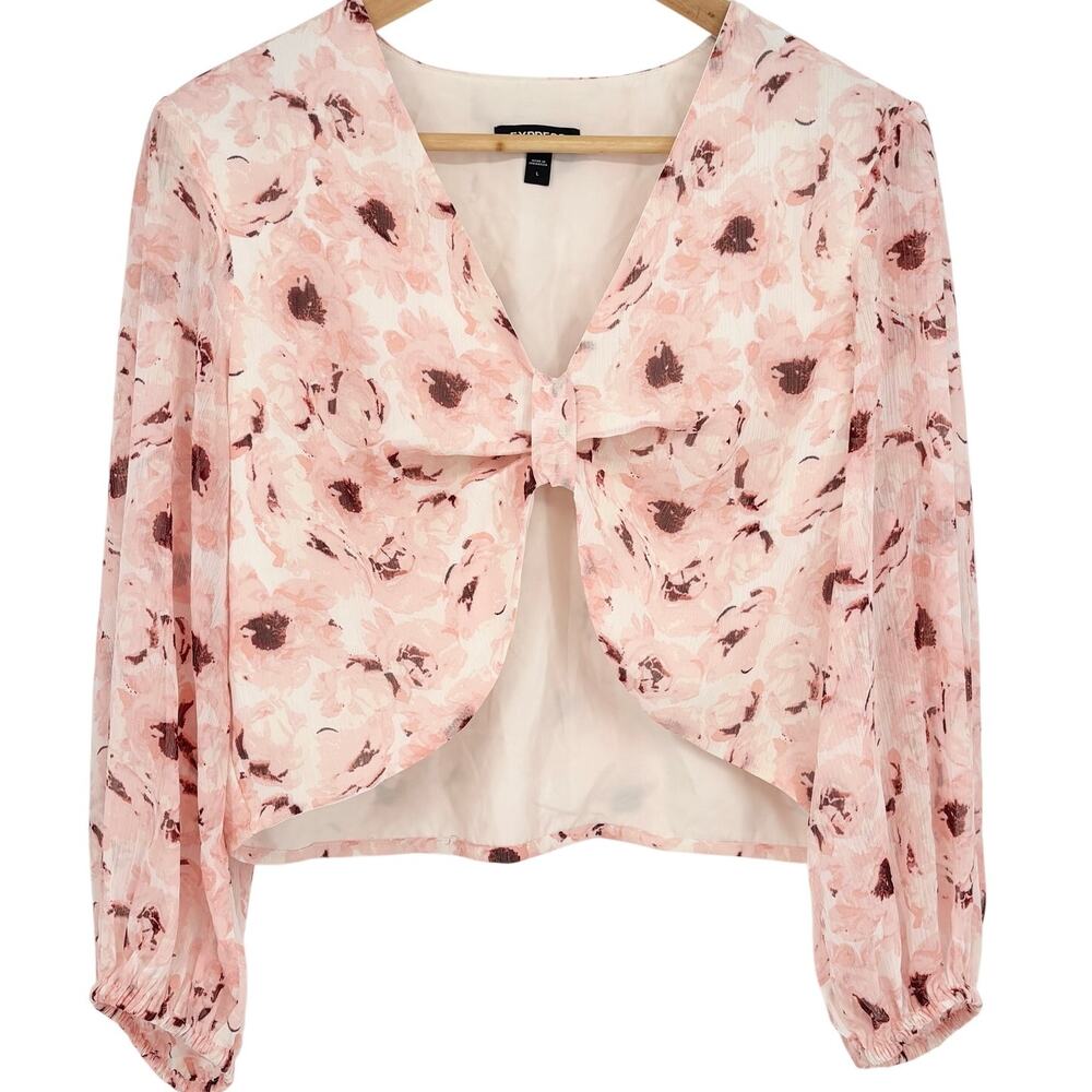 Express Pink Floral Tie Front Long Sleeve Cropped Top Size L